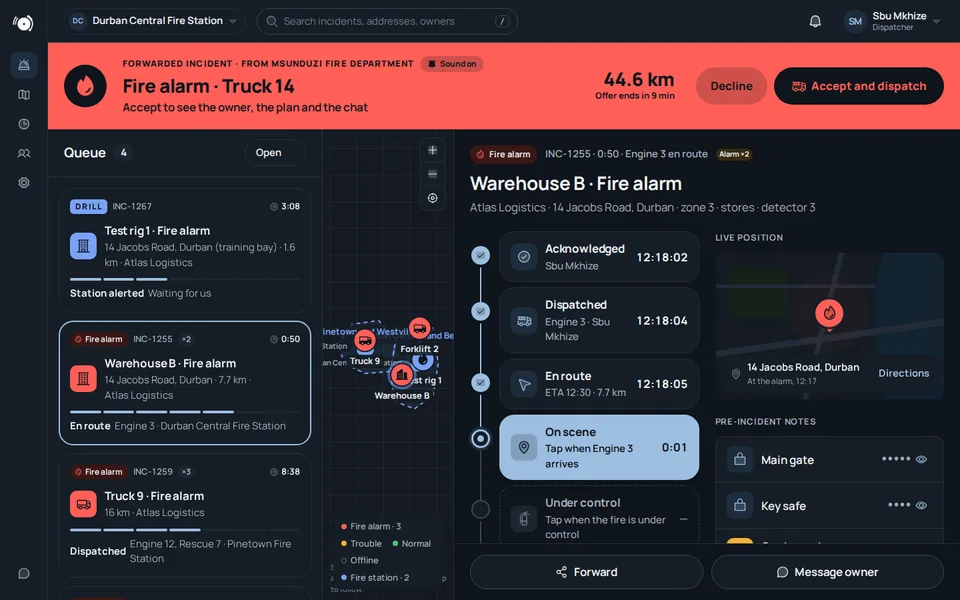 Firealert station console in dark mode: a forwarded fire alarm offer for Truck 14, the station's incident queue, a map, and Warehouse B's incident timeline with pre-incident notes